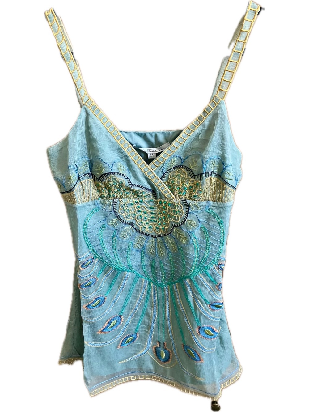 Embroidered Light Blue Peacock-Detail 100% Silk V-Neck Tunic